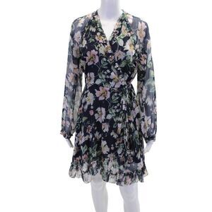 TJD Womens Floral V-neck Long Sleeve Lined Wrap Dress Blue Combo Size M